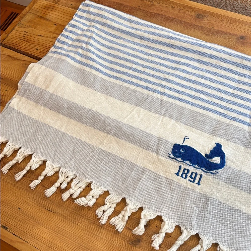 TURKISH COTTON Fringe Towel Whale 1891 Stripe Blue 35” x 70”